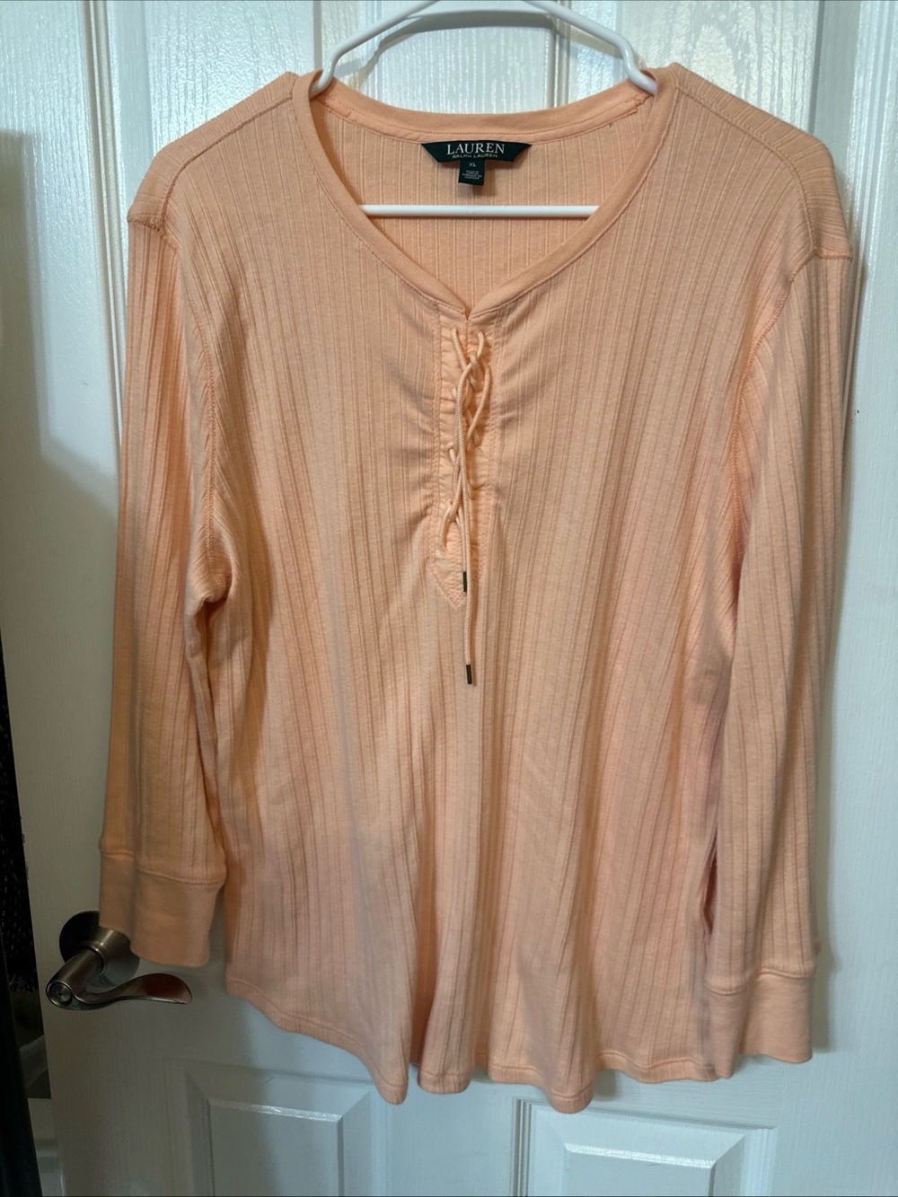 Ralph Lauren Peach Ribbed Long-Sleeve Tie-Neck Top